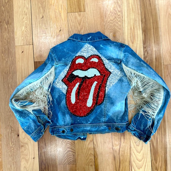 Jackets & Blazers - Custom Rolling Stones distressed denim jacket with fringe - Small